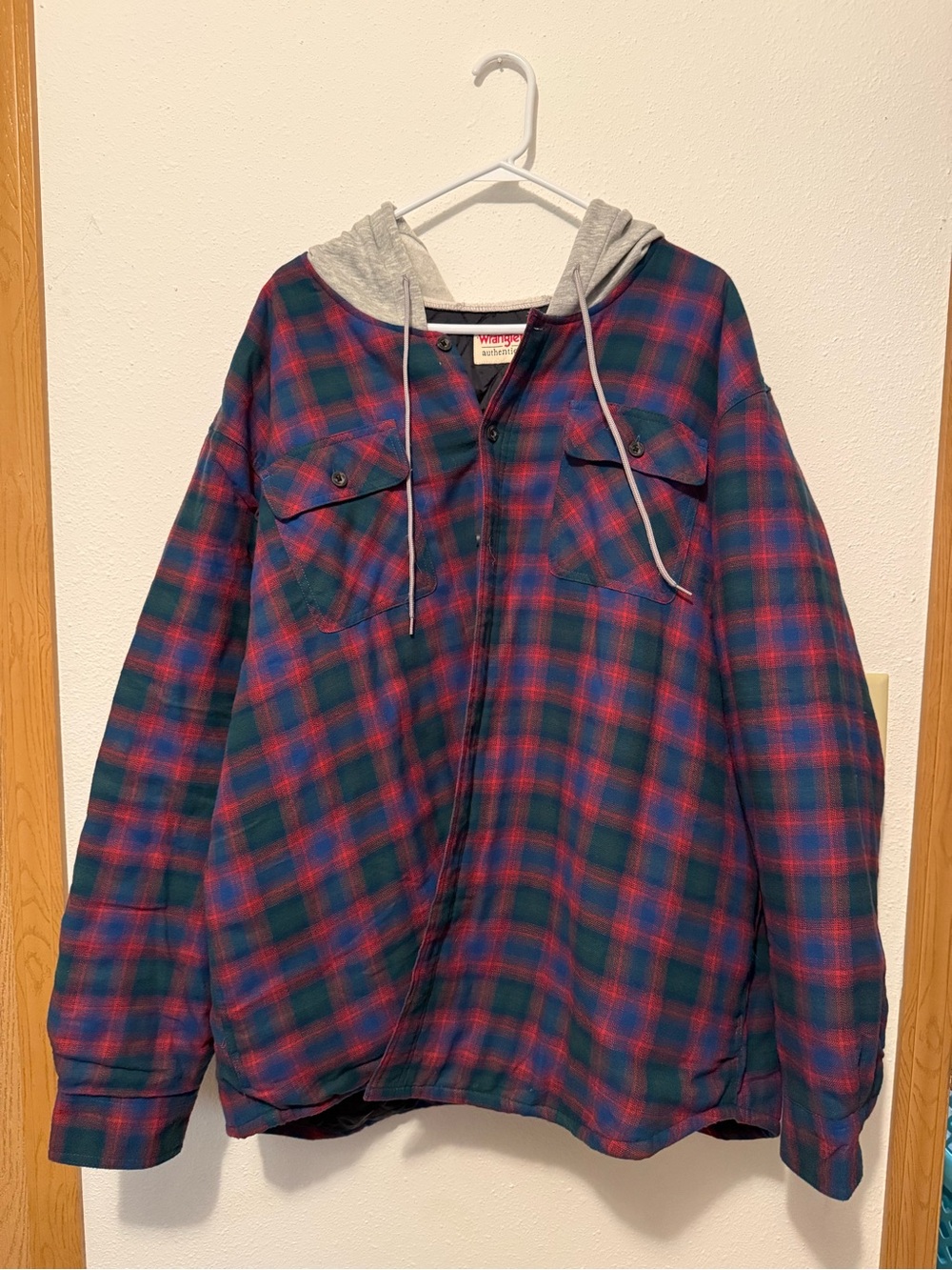 Wrangler Red & Green Plaid Hooded Flannel Shirt Jacket